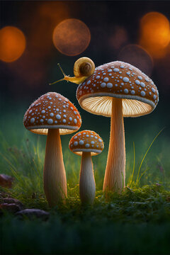 little and cute snail on the mushroom