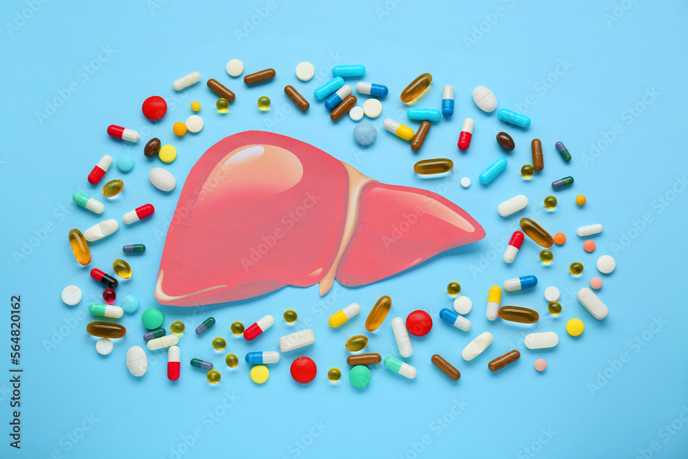 Poster Paper liver and pills on light blue background, flat lay. Hepatitis treatment