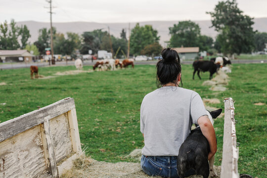 woman sits with dog on trailer looking at ow herd