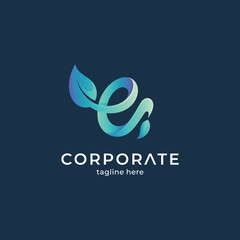 Gradient logo template letter e and leaf