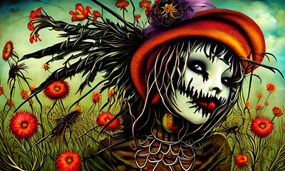 Generative AI : Scarecrow series - dark illustration of lady goth scarecrow with flowers