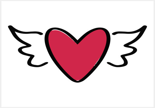 Doodle flying heart icon isolated. Sketch heart with wings.Hand dravn art line. Vector stock illustration