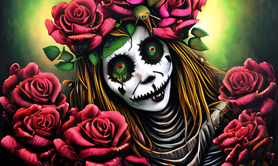 Generative AI : Scarecrow series - dark illustration of lady goth scarecrow with roses
