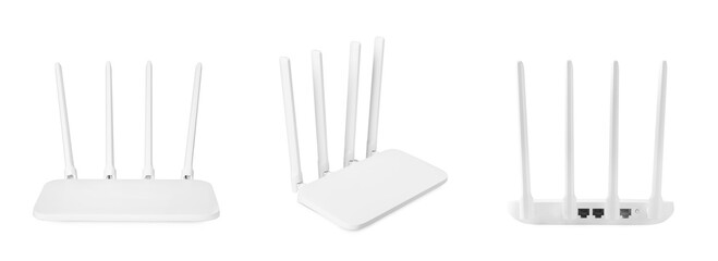 Modern Wi-Fi router on white background, view from different sides