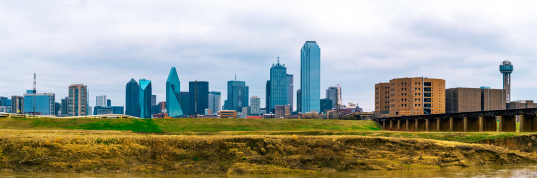Dallas City downtown skyline, cityscape after rain in winter, a view from the Trinity River Skyline Trail near Reunion Tower in Texas, USA