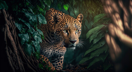 Leopard in a jungle, beautiful photography of a leopard in a jungle. Generative AI