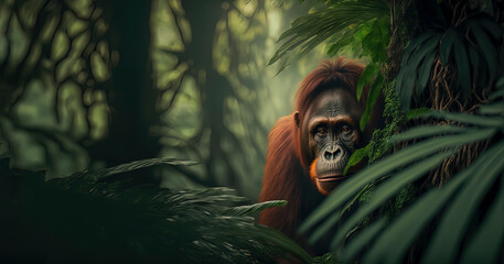 Orangutan, photography of a orangutan in a jungle. close-up. Generative AI - obrazy, fototapety, plakaty