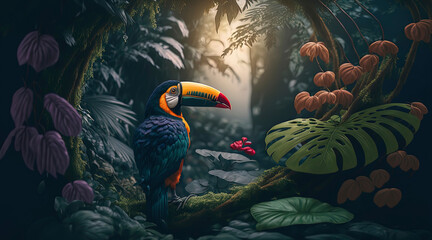 Toucan in the jungle, photography of a toucan in a jungle. close-up. Generative AI