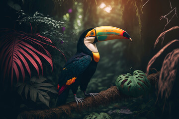 Toucan in the jungle, photography of a toucan in a jungle. close-up. Generative AI - obrazy, fototapety, plakaty