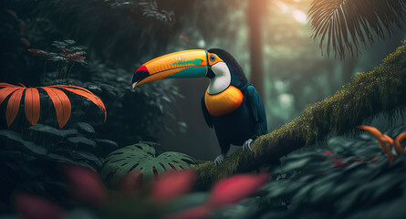 Toucan in the jungle, photography of a toucan in a jungle. close-up. Generative AI
