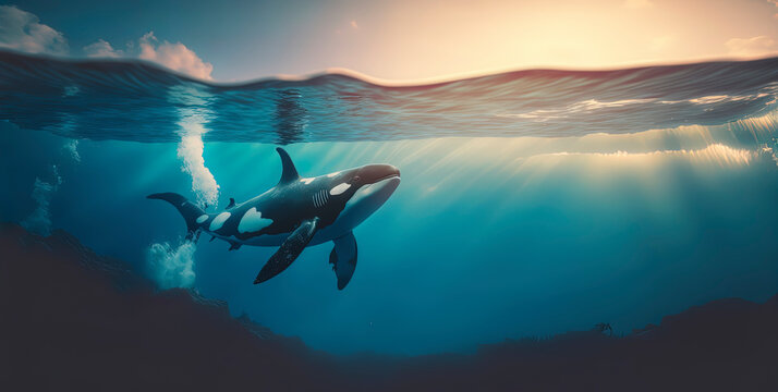 Killer whale in the ocean, photography of a killer whale in the sea. Generative AI