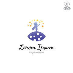 little boy logo in cloak reaching for the stars