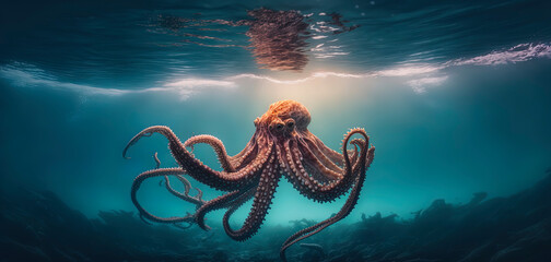 photography of a octopus in the sea. Generative AI - obrazy, fototapety, plakaty