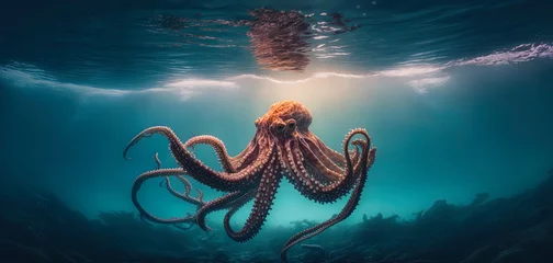 Fotobehang photography of a octopus in the sea. Generative AI © Lemart