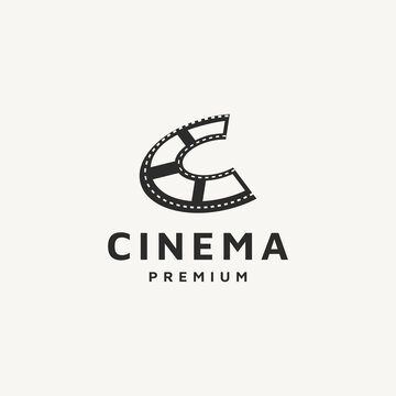 movie production logo design with initial letter C and filmstripe icon for cinema or creative initial