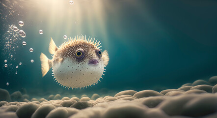 Pufferfish in the ocean, photography of a pufferfish in the sea. Generative AI
