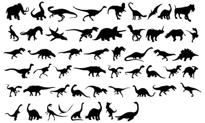 Dinosaurs and Jurassic dino monsters icons. Vector silhouette of triceratops or T-rex, brontosaurus or pterodactyl and stegosaurus, pteranodon or ceratosaurus and parasaurolophus reptile