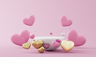 Valentine Product podium scene with flying falling red heart .3d illustration.