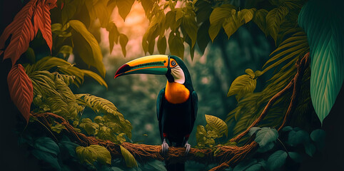 Toucan in the jungle, photography of a toucan in a jungle. close-up. Generative AI