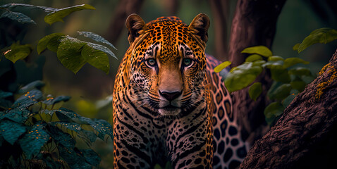 a beautiful photography of a jaguar in a jungle. Generative AI