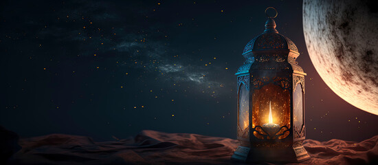 Arabic lantern with burning candle and night sky with waning crecent moon in the background, RAMADAN, Generative AI - obrazy, fototapety, plakaty
