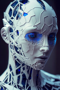 close up portrait photo of incomplete humanoid android, covered in white porcelain skin, blue eyes. Generative AI