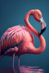 flamingo with a loong neck, facing centered composition, soft solid colors. Generative AI