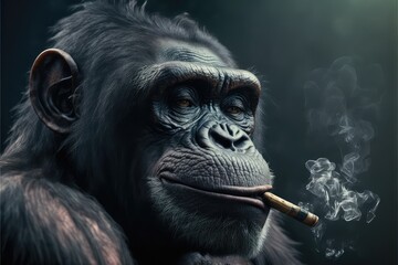 Realistic portrait of a bonobo with serene attitude smoking a mini cigar. Created with Generative AI technology. - obrazy, fototapety, plakaty