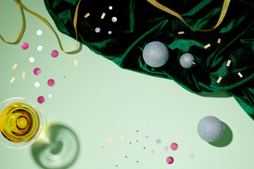 Vintage style concept with green velvet scarf, gold Christmas