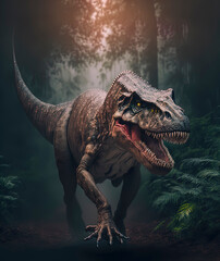 T-Rex in the jungle, Angry Dinosaur. Generative AI