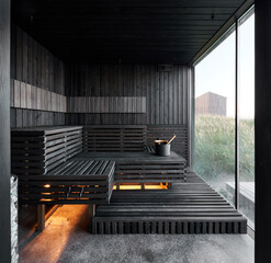 Naklejka premium Wooden interior of modern sauna