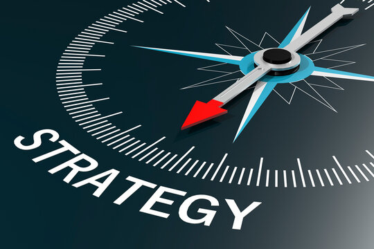Compass needle pointing to strategy word