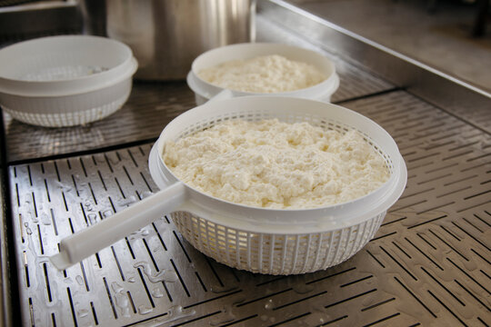 There is cheese on the table in the cheese factory