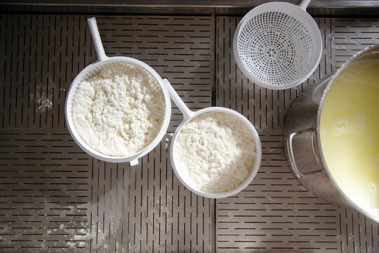 There is cheese and a saucepan with milk on the table in the che