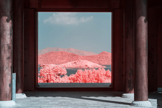Infrared photography of  traditional Chinese door and landscape.