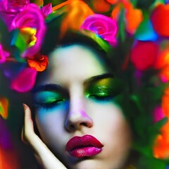 Woman with colorful makeup and hairstyle, Women’s History Month,  Colorful Makeup, Woman Makeup, Colorful Lady, Flowers and Makeup, Neon Makeup, March 8, Women's Day, Made with Generative AI.