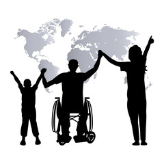 Silhouette of a disabled person in a wheelchair with raised arms next to a child and a woman. Happy family concept