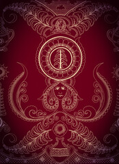 Batik design from a folklore motif about Vungamela. Vungamela is a woman who keeps eels that turn into big trees and produce jugs of gold that turn into the moon