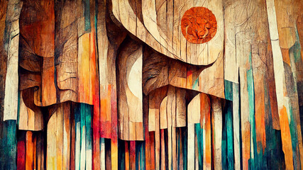 Beautiful Abstract lion wood painting illustration Generative AI Content by Midjourney