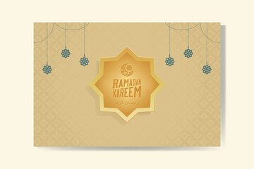 Ramadan Kareem greeting card with gold color and silhouette lantern Ramadan Mubarak. Background vector illustration.