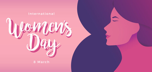 8 march background design. International women's day vector web banner. Graphic illustration with woman's face silhouette inside number 8. Calligraphic text