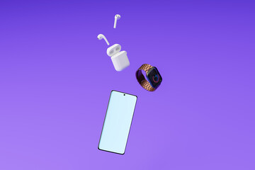 Smartphone, earphones and smartwatch. Wearable technology concept.