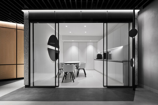 White minimalistic kitchen in modern office