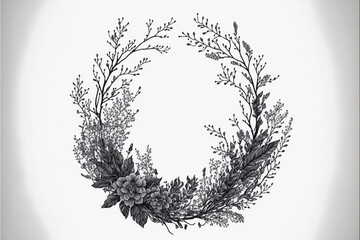 Monoweight Black Line Drawing Wreath on White Background Generative AI