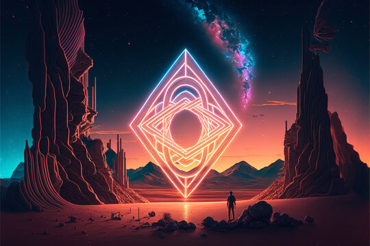 Surreal Psychedelic Trippy Desert Mountain Galaxy Landscape with Neon Celestial Shapes, Large Central Diamond Generative AI