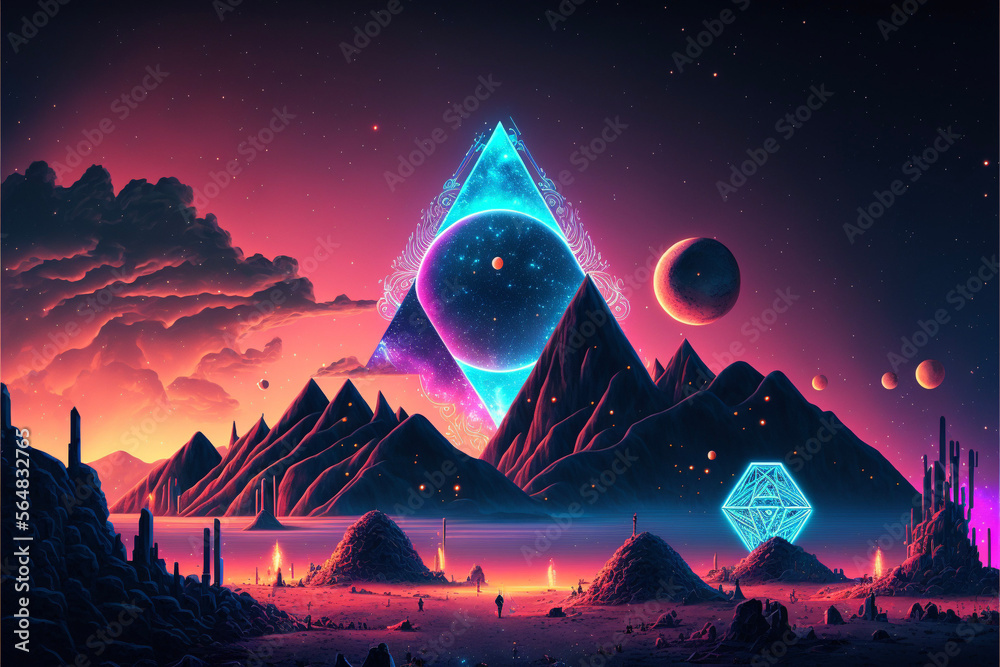 Wall mural surreal psychedelic trippy desert mountain galaxy landscape with neon celestial shapes, central pyra