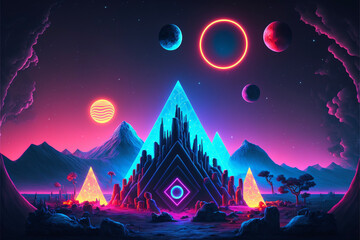 Surreal Psychedelic Trippy Desert Mountain Galaxy Landscape with Neon Celestial Shapes, vignette Generative AI