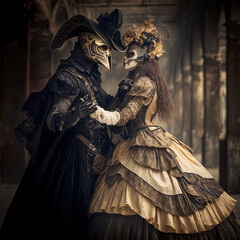 Fototapeta na wymiar Couple Dancing at a Venice Carnival Masked Ball. Ai generated art