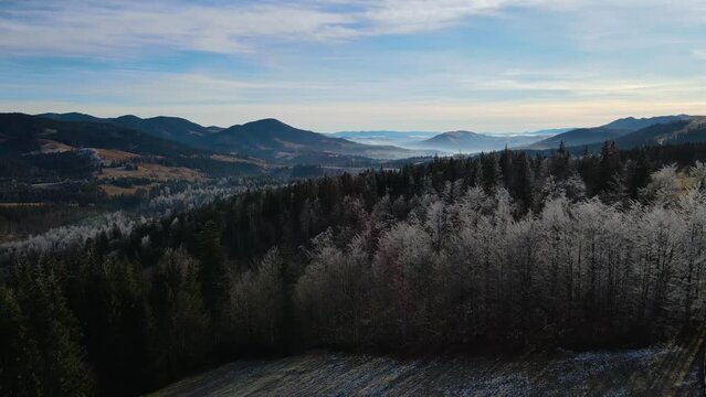 4k aerial footage of a beautiful winter mountain landscape. The drone moves over a snowy pine forest. Cold winter concept