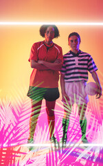 Illuminated lines and plants over diverse female rugby opponents standing on abstract background